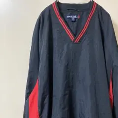 ®️ナイロンジャケット 黒/赤 Vネック ヴィンテージ90s 古着　メンズ2XL