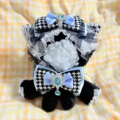 ②36.おすわりぬい服　千鳥柄×水色×ブラック　ねこちゃん　10〜12cm