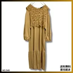 2WAYレースベスト付きロングワンピース 重ね着風 ゆったり体型カバー 秋コーデ