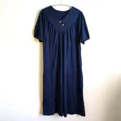 ネイビー Vネック ワンピース 半袖 ボタン付き レディース おしゃれ 古着