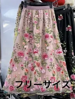 春のお出かけに花柄刺繍シースルーフレアースカート　パーティー結婚式旅行にも最適