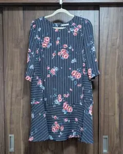 美品 ローズティアラ ワンピース 7分袖 ストライプ ネイビー 花柄 春 秋