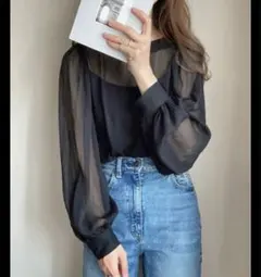 値下新品JUNOAH バルーンスリーブシアーブラウス 黒 長袖 シースルー XL