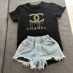 ヒョウ柄ロゴTシャツ ダメージショートパンツ セット