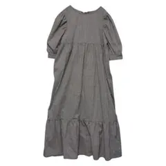 チェック柄　ロングワンピース　シャツワンピース　半袖　白黒　バックリボン　M