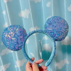 新品　ミッキー　スパンコール　カチューシャ　水色　ブルー