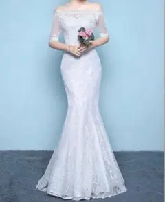ウェディングドレス　マーメイド　オフショルダー　白