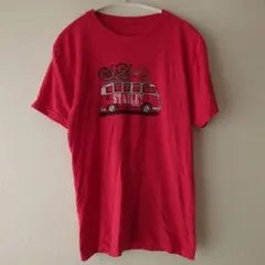 レア レッド バス 自転車 プリント 半袖Tシャツ 赤 綿混のサムネイル