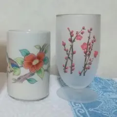 デザインコップ2個セット　湯呑み　九谷焼　すりガラスコップ　1人用　梅　うぐいす