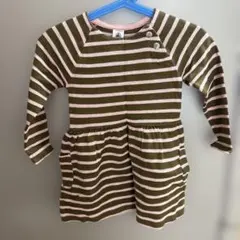 オリーブグリーン・ピンクストライプ七分袖ワンピース