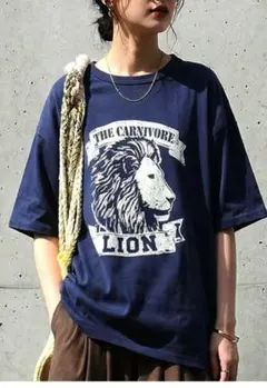 新品アンティカ　アニマルロゴ半袖Tシャツ接触冷感ネイビー　ライオン　Lサイズのサムネイル