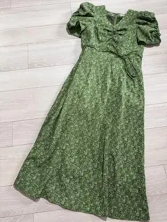 スナイデル　花柄ロングワンピース　グリーン　パフスリーブ　リボン　緑　超美品