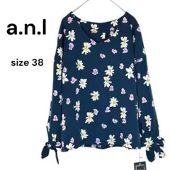 花柄ブラウス　八分袖　袖リボン　38　ネイビー　大人可愛い　未使用・タグ付き