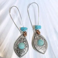 【X65】エスニック系ピアス☆ターコイズダイヤロングフープ型
