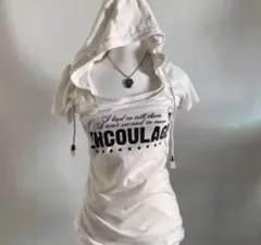 フード付き英字デザインTシャツ 白系 Y2K サブカル平成 限定セール中