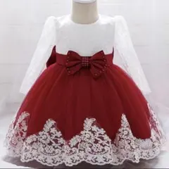 長袖刺繍赤色レース ベビードレス 誕生日ドレス