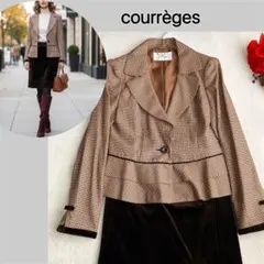 クレージュ★シルク スカートスーツ ペプラム リボン チェック ベロア フリル