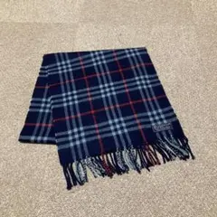 バーバリー カシミヤ100% チェックマフラー　ネイビー