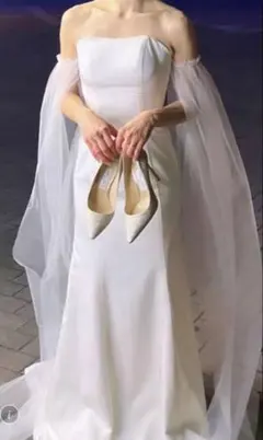 【美品】袖付きソフトマーメイド ウエディングドレス ベールセット