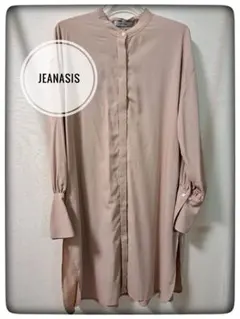 ジーナシス バンドカラー ロングブラウス チュニック ワンピース ベージュピンク