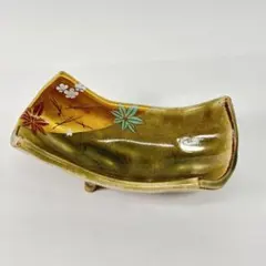 織部焼 金彩色絵 四季草花文 舟形鉢 三足付