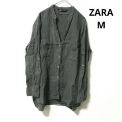 ZARA リネンシャツ 麻100% グリーン M 長袖