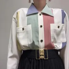 オフホワイト系 マルチカラー カラフル 配色 レトロ 古着 ブラウス