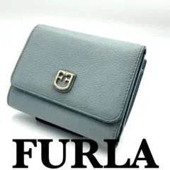 美品　FURLA ミニ財布　三つ折り財布　ブルー　保存袋付き