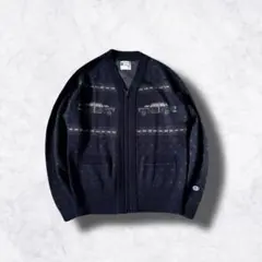 Champion ニットジャケット 総柄 車柄 カーディガン 珍ピオン メンズ