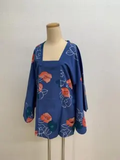 袷道行コートブルー系薔薇の花柄