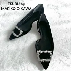 ツルバイマリコオイカワ フラットパンプス ビジュー ベロア ブラック