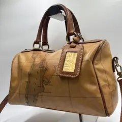 良品✨プリマクラッセ ボストンバッグ 2way PVC レザー 地図柄 ブラウン
