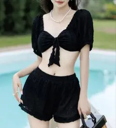 レディース水着 2WAYシャーリングリボンビキニ+ショートパンツ 3点セット