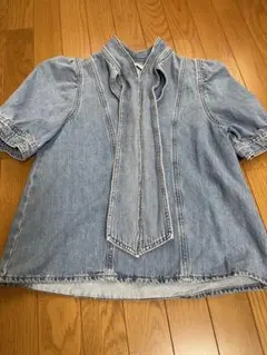 ZARA デニムパフスリーブブラウス リボン ブルー - メルカリ