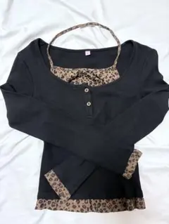 黒×ヒョウ柄 長袖トップス リブ カットソー レディース
