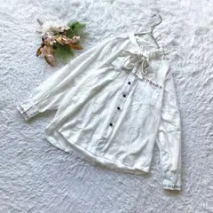 ✨未使用✨ (S) ボウタイブラウス 透け編み 長袖 プリント 個性的 白 旅行