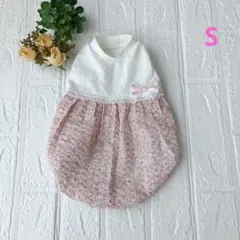 ハンドメイド犬服　 バルーンワンピースS　小花柄ピンク　リボン付