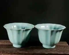 旧蔵 汝窯 青磁 葵口杯 二客組 天青釉 茶杯 中国古美術 CL0445 - メルカリ
