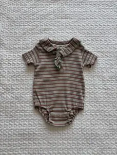 &mignonアンドミニョン ストライプロンパース 襟付き リボン付き