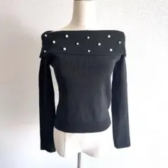 【美品】 GRL グレイル オフショル リブ ニット 黒 パールビーズ F 人気