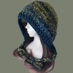 バラクラバ フード帽 グリーンネイビー系 ハンドメイド編み物帽子一部モヘア調緑紺