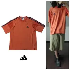 アディダスヴィンテージ3ストライプ刺繍ロゴレンガ色TシャツL90s