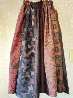 色とりどりの紅葉の様な７種の大島紬を繋いだふんわりギャザースカートポケット付き