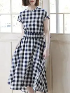 ロペピクニック　チェック　ワンピース　フレンチスリーブ　Mサイズ　38 ネイビー
