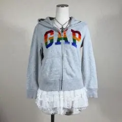 GAP ジップパーカー グレー ロゴ y2k カラフル 裏起毛