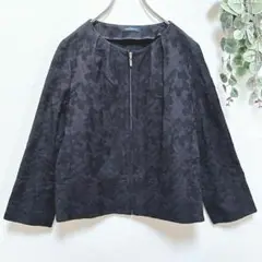 New Yorker☆ノーカラーコットンジャケット☆Ｍ☆黒☆フルジップ☆総柄