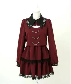 夢展望　角襟十字架スタッズベルトティアードワンピース　ボルドー