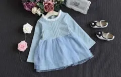 ヘアバンド付き♡ 女の子長袖セレモニードレス　ターコイズブルー100〜110.