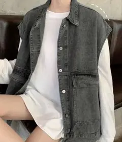 グレー デニム ノースリーブジャケット