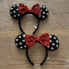 ディズニー　カチューシャ　2個　スパンコール　リボン　ハート　レッド　ブラック